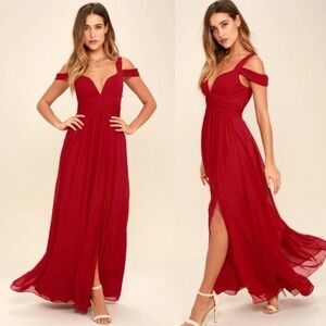 NWT Lulu's Ocean of Elegance Burgundy Off-Shoulder Maxi Dress